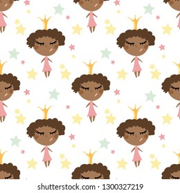 Pattern of African princesses and stars. On a white background. Seamless.