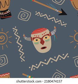 Pattern With African Totem Mask And Drum. Vector Backgrounds