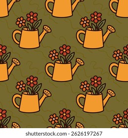 A pattern of agricultural tools for gardening, growing plants and flowers.