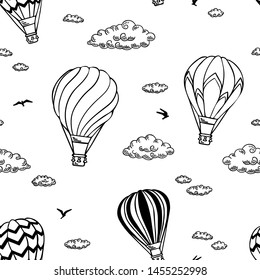 Pattern with air balloons and clouds. Vector illustration.  Isolated on white background. Design for air travel or summer vacation tour, child wallpaper, wrapping paper, scrapbooking.