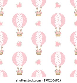 Pattern with air baloons, flowers and hearts. In cut children's flat style.Seamless vector illustration.Template for congratulations, scrapbooking, congratulations, invitations, planner, diary, notes.