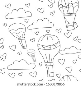 pattern air clouds, balloon and hearts on white won. Decor for wallpaper, poster, wrapping paper, fabric
