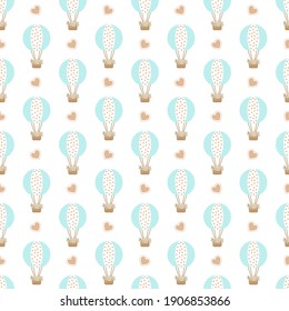 Pattern with air вalloon, flowers and hearts. In cute children's flat style.Seamless vector illustration.Template for congratulations, scrapbooking, congratulations, invitations, planner, diary, notes