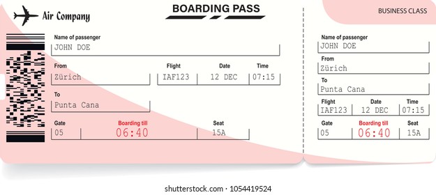 Pattern of airline boarding pass ticket. Concept of travel, journey or trip by plane. Isolated on white. Vector illustration