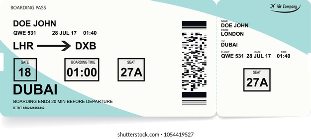 Pattern of airline boarding pass ticket. Concept of travel, journey or trip by plane. Isolated on white. Vector illustration