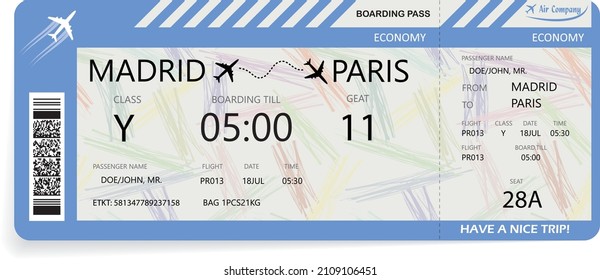 Pattern of airline boarding pass ticket in blue color. Travel or journey by plane concept. Blue boarding pass. Vector illustration