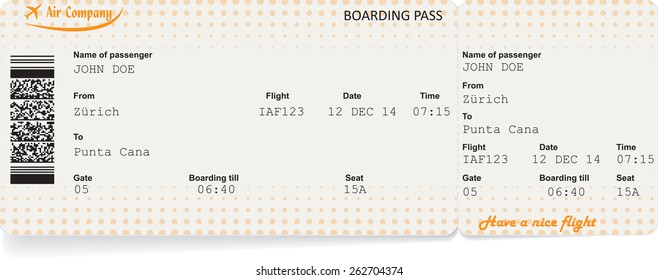 Pattern of airline boarding pass ticket with QR2 code. Isolated on white. Vector illustration