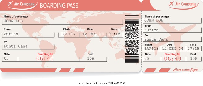 Pattern of airline boarding pass ticket with QR2 code. Isolated on white. Vector illustration