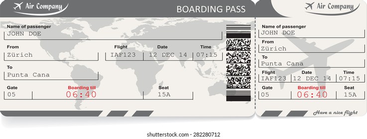 Pattern of airline boarding pass ticket with QR2 code. Isolated on white. Vector illustration