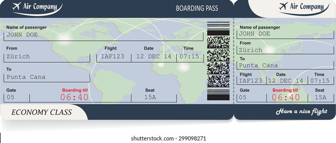 Pattern of airline boarding pass ticket with QR2 code. Isolated on white. Vector illustration