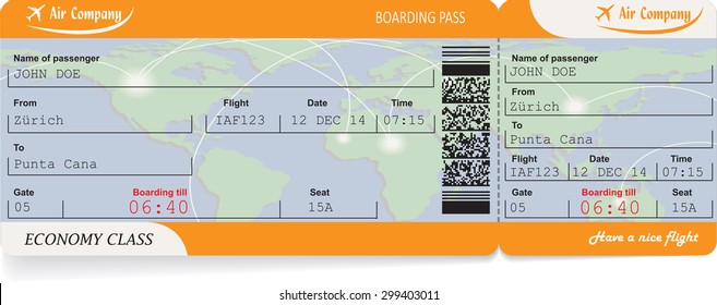 Pattern of airline boarding pass ticket with QR2 code. Isolated on white. Vector illustration