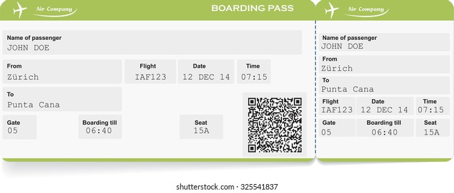 Pattern of airline boarding pass ticket with QR2 code. Isolated on white. Vector illustration