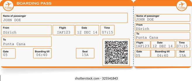 Pattern of airline boarding pass ticket with QR2 code. Isolated on white. Vector illustration