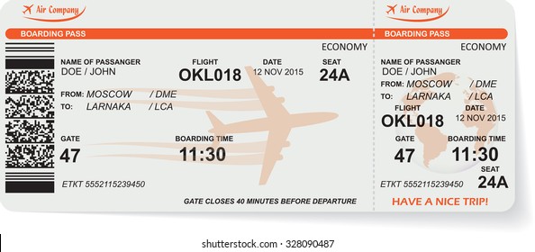 Pattern of airline boarding pass ticket with QR2 code. Concept of travel, journey or business. Isolated on white. Vector illustration