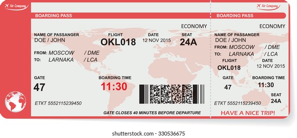 Pattern of airline boarding pass ticket with QR2 code. Concept of travel, journey or business. Isolated on white. Vector illustration