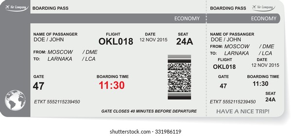 Pattern of airline boarding pass ticket with QR2 code. Concept of travel, journey or business. Isolated on white. Vector illustration