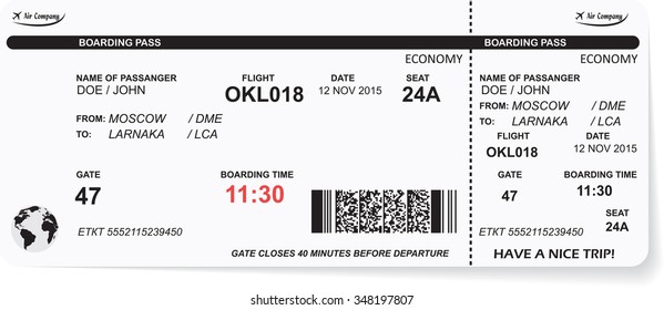 Pattern of airline boarding pass ticket with QR2 code. Concept of travel, journey or business. Isolated on white. Vector illustration