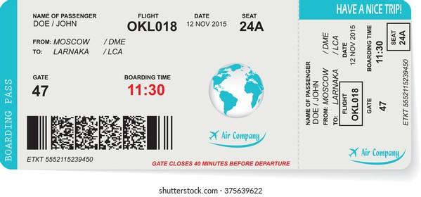 Pattern of airline boarding pass ticket with QR2 code. Concept of travel, journey or business. Isolated on white. Vector illustration