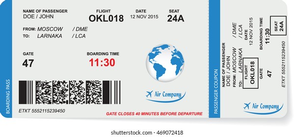 Pattern of airline boarding pass ticket with QR2 code. Concept of travel, journey or business. Isolated on white. Vector illustration