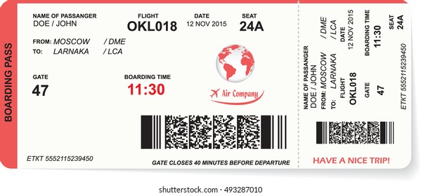 Pattern of airline boarding pass ticket with QR2 code. Concept of travel, journey or business. Isolated on white. Vector illustration