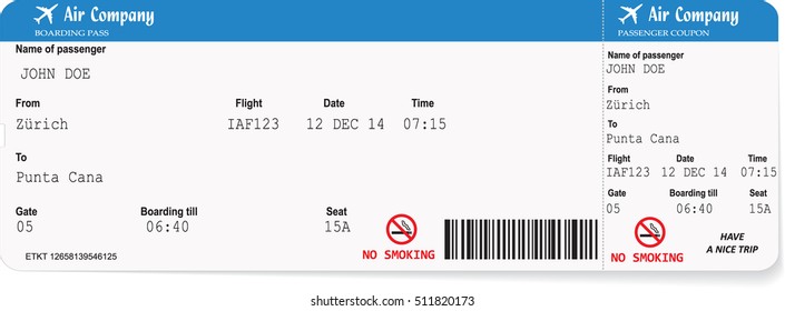Pattern of airline boarding pass ticket. Concept of travel, journey or business. Isolated on white. Vector illustration