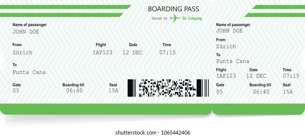 pattern of airplane ticket blank. Green boarding pass isolated on white background. Vector illustration
