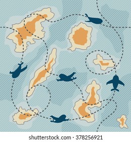 Pattern with airplanes dotted lines route on map, dotted lines, islands, ocean. Illustration of map with line, dash. Military subject. Background, wallpaper for 23 February gift. Vector illustration