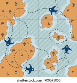 Pattern with airplanes dotted lines route on map, dotted lines, islands, ocean. Illustration of map with line, dash. Military vintage. Background, wallpaper for 23 February gift. Vector illustration