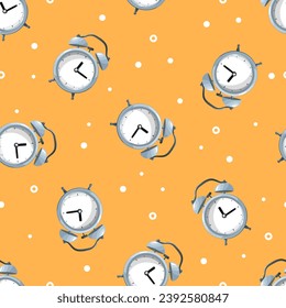 Pattern with alarm clocks. Seamless pattern. Cute blue clocks or alarm clocks on a yellow background. Back to school. Time to wake up, deadlines. Flat illustration, posters and postcards.