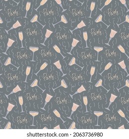 A pattern with alcoholic beverages and glasses. For textiles with champagne in glasses.Illustration of different glasses of champagne. Vector illustration
