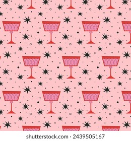 Pattern with alcoholic cocktails in glasses of different shapes in red and pink colors. Drinks in different types of vintage glasses. Modern design for greeting cards, posters, wrapping, pack paper.