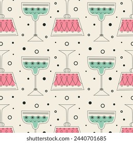 Pattern with alcoholic cocktails in glasses of different shapes in red and pink colors. Drinks in different types of vintage glasses. Modern design for greeting cards, posters, wrapping, pack paper.