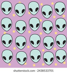Pattern of alien faces with stars purple background alien space pattern