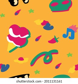 pattern alien glasses ice cream pepper music yellow background fabric vector illustrator
