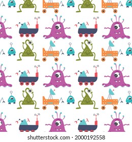 Pattern with alien monsters and planetoids. Digital paper cosmos space for nursery baby wallpaper, fabric textile