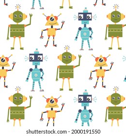 Pattern with alien robots. Digital paper cosmos space for nursery baby wallpaper, fabric textile