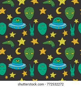 Pattern with an alien. UFO, stars, dinosaur. Third Eye.