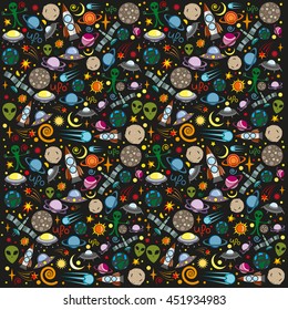 pattern of aliens and spaceships on a black background