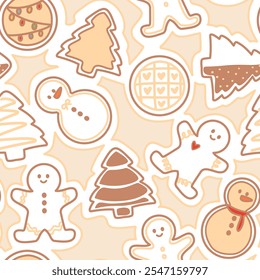 pattern all about Christmas, soft and aesthetic, cream or light brown on a white background. Snowman, Christmas tree, gingerbread, Cookie 

