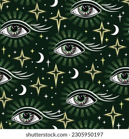Pattern with all seeing eye, stars, crescent. Concept of harmony of universe, wisdom, knowledge, extended mind. Colorful psychedelic surreal illustration. Good for groovy, hippie, mystical style.