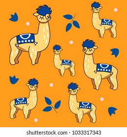 Pattern with Alpaca. Cartoon character llama, llama. Baby background, paper wrapper, print, textile, fabric. Vector illustration