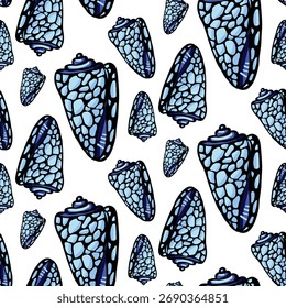 Pattern of alphabet cone blue. Colorful flat pattern with the contours of sea shells. Fashionable sea seamless texture for summer design, packaging, fabrics, wallpaper, branding, packaging
