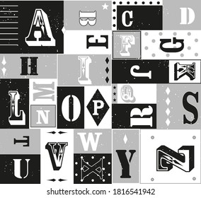 Pattern of alphabet letters in circus letter font typography, in black white grey, giftwrap, graphic geometric retro vintage, happy kids background illustration in vector