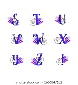 Pattern alphabet set. Swirl design stuvwxyz letters. Curly blue lettering type characters with colorful butterflies and gradient flourish design. Vector illustration font for cards banners and tags.