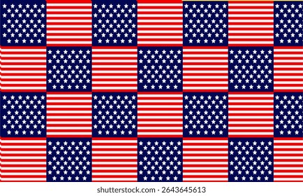 Pattern of alternating American flags with stars and stripes in a grid layout. The red, white, and blue colors convey a patriotic theme.