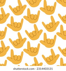A pattern from the American sign language with the inscription I love you. Yellow rounded cartoon hands, show the sign. Trendy print for fabric, paper, wallpaper for smartphones.