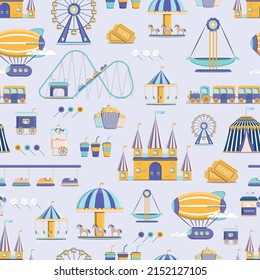 Pattern Of Amusement Park. Circus And Fair With Roller Coasters, Carousels, Castle, Hot Air Balloon. Vector Illustration.