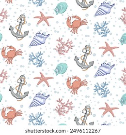 Pattern with anchor and shells.Vector seamless pattern with anchor, corals and shells on a white background.