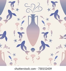 Pattern of ancient Greek amphora and Mediterranean sea symbols