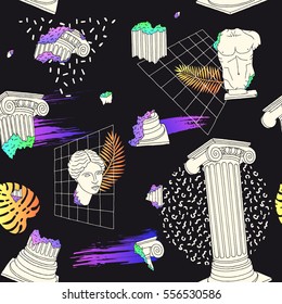 Pattern with ancient greek columns. Memphis style. Vector